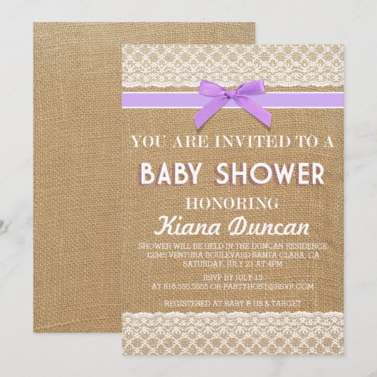 Lila Baby shower Bow Lace Burlap Kaart (Voorkant / Achterkant)
