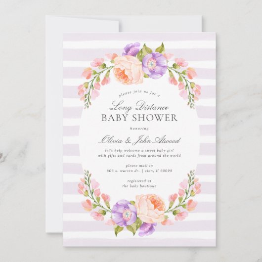 Lila Baby shower met lange afstanden van Stripe en Kaart (Voorkant)