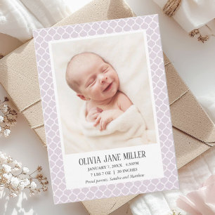 Lila Baby van Quatrefoil Geboortedatum Foto Aankondiging