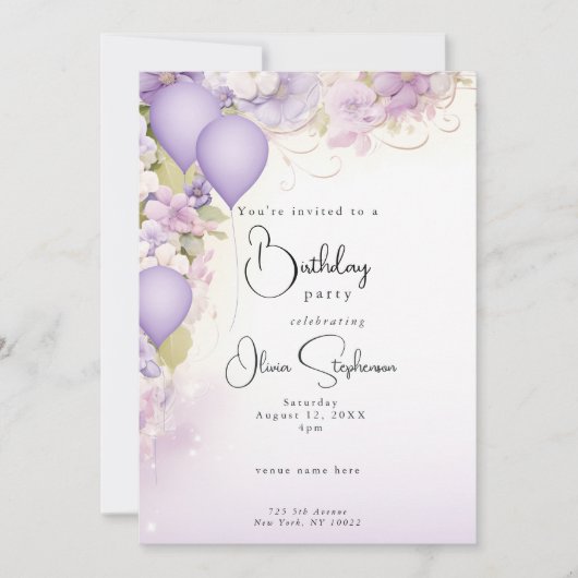 Lila Ballonnen en Bloemen QR Verjaardag Kaart (Voorkant)