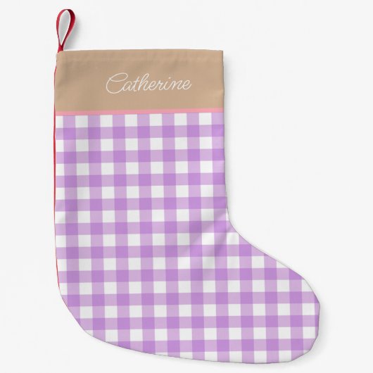 Lila Beige gepersonaliseerde naam Gingham Kleine Kerstsok (Voorkant)