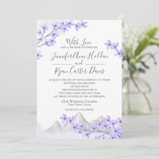 Lila Berg Paarse bruiloft Kaart (Staand voorkant)