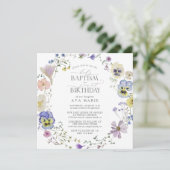 Lila Blauw Bloemen Waterverf Doop 1e Verjaardag Kaart (Staand voorkant)