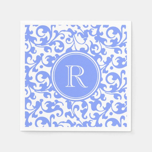 Lila Blauw Elegant Damask Swirls Monogrammed Servet (Voorkant)