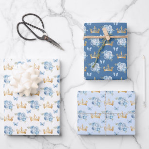 Lila Blauwe Bloemen en Gouden Kronen Inpakpapier Vel