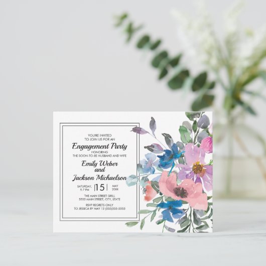 Lila blauwe roze Waterverf Floral Engagement Party Briefkaart (Staand voorkant)