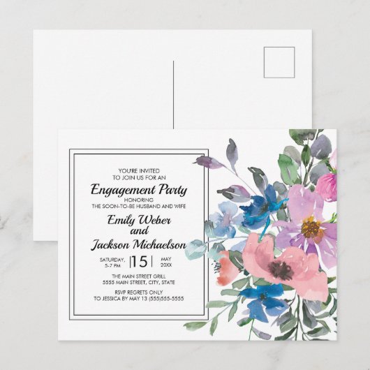 Lila blauwe roze Waterverf Floral Engagement Party Briefkaart (Voorkant / Achterkant)
