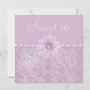  Lila Bling Flowers & Pearls Sweet 16 Kaart