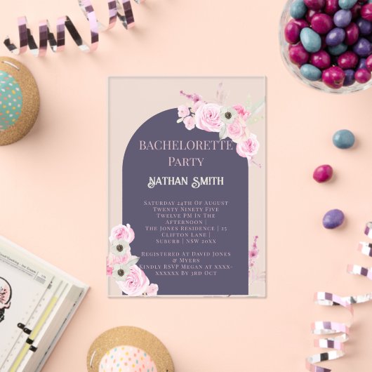 Lila Bloemboog Zomer Bachelorette Party Acryl Uitnodigingen (Insitu (Viering))