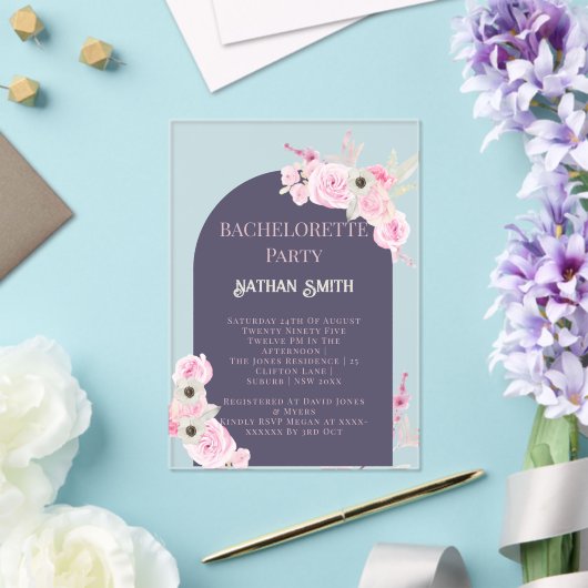 Lila Bloemboog Zomer Bachelorette Party Acryl Uitnodigingen (Insitu (Huwelijk))