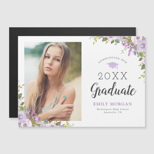 Lila Bloemen Afstuderen Foto aankondiging magneet (Voorkant / Achterkant)