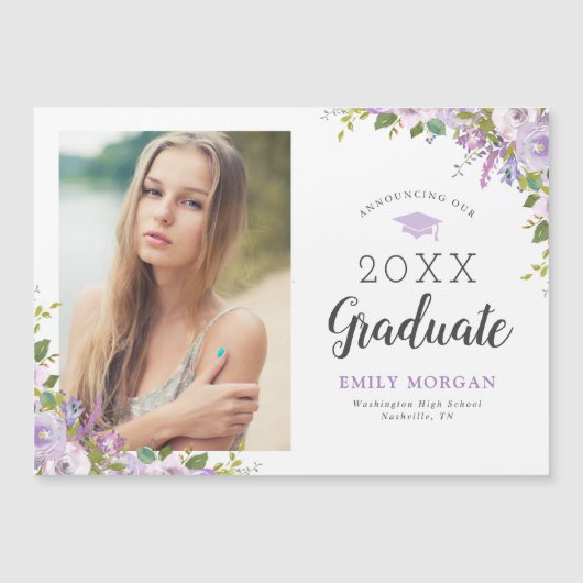 Lila Bloemen Afstuderen Foto aankondiging magneet (Voorkant)