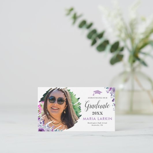 Lila Bloemen Afstuderen Foto Informatiekaartje (Staand voorkant)