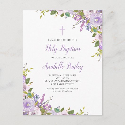 Lila Bloemen Baby Meisje Dopen Uitnodiging Briefka (Voorkant)