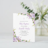 Lila Bloemen Baby Meisje Dopen Uitnodiging Briefka (Staand voorkant)