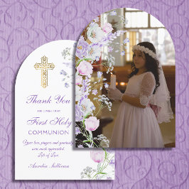 Lila Bloemen Boog Eerste Communie Dank u kaart
