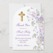 Lila Bloemen Boog Eerste Communie Dank u kaart (Achterkant)