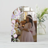 Lila Bloemen Boog Eerste Communie Dank u kaart (Staand voorkant)