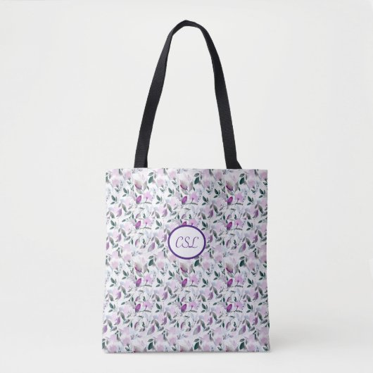 Lila bloemen canvas tas, monogrammen tote bag (Voorkant)