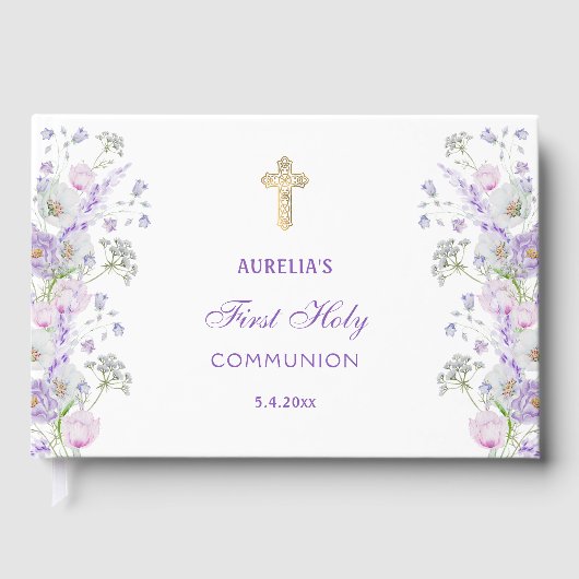 Lila bloemen eerste communie gastenboek (Voorkant)