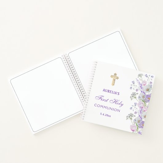 Lila bloemen eerste communie gastenboek notitieboek (Binnen)