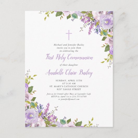Lila Bloemen Eerste Communie Uitnodiging Briefkaar (Voorkant)
