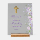 Lila bloemen eerste communie welkom acryl bord (Voorkant)