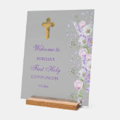 Lila bloemen eerste communie welkom acryl bord (Hoek)
