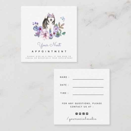 Lila bloemen en benoeming van Alaskan Malamute Dog Vierkante Visitekaartje (Voorkant / Achterkant)