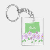 Lila Bloemen en Label Acryl Sleutelhanger (Voorkant Links)