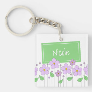 Lila Bloemen en Label Acryl Sleutelhanger