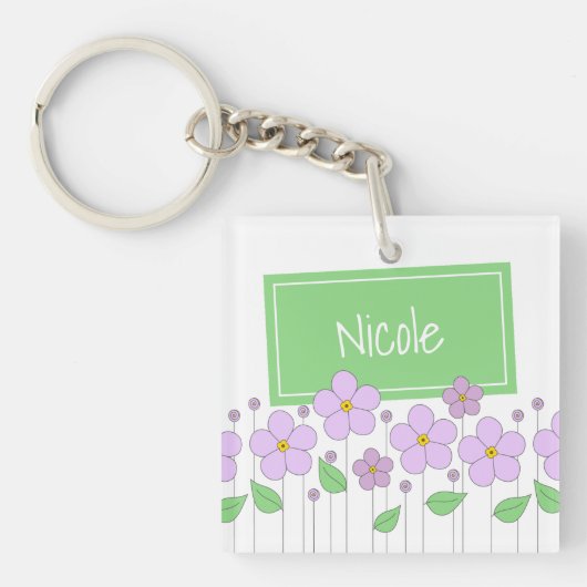 Lila Bloemen en Label Acryl Sleutelhanger (Voorkant)