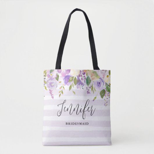 Lila Bloemen en Strepen Bruidsmeisje Monogram Tote Bag (Voorkant)