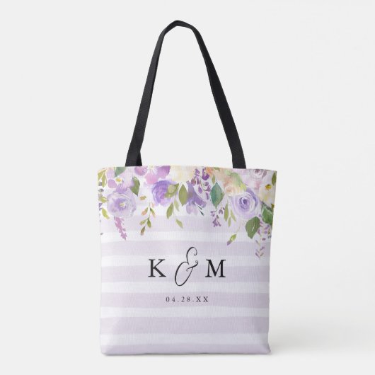 Lila Bloemen en Strepen Bruidsmeisje Monogram Tote Bag (Achterkant)