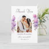 Lila Bloemen Fotografie Bijbel Verse Bruiloft Bedankkaart (Staand voorkant)