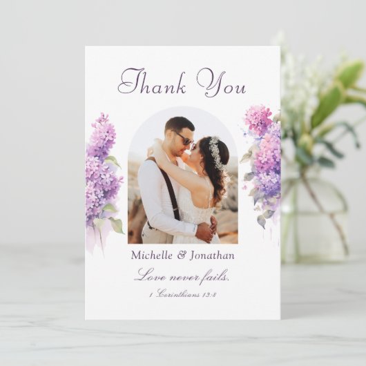 Lila Bloemen Fotografie Bijbel Verse Bruiloft Bedankkaart (Staand voorkant)