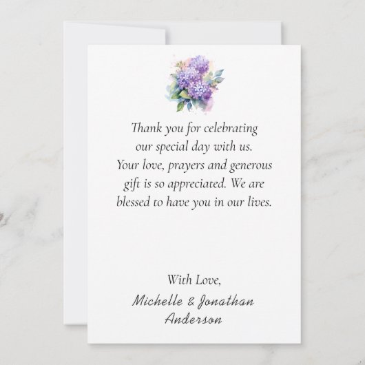 Lila Bloemen Fotografie Bijbel Verse Bruiloft Bedankkaart (Achterkant)