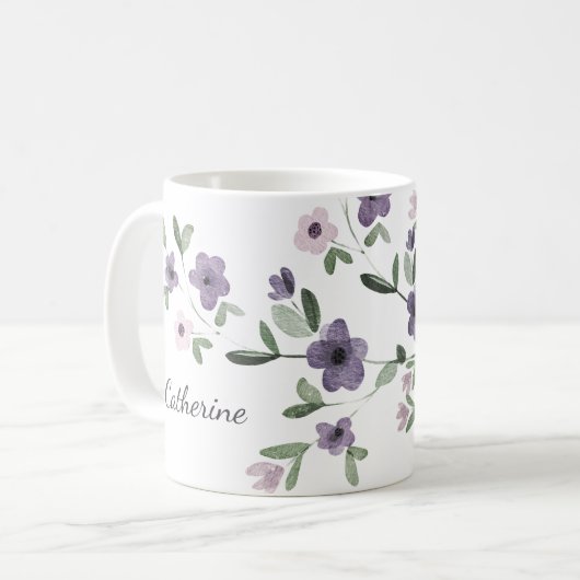 lila bloemen gepersonaliseerde naam koffiemok (Voorkant links)