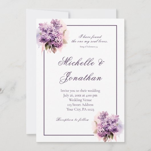 Lila Bloemen Lijst Bijbel Verse Christelijk Bruilo Kaart (Voorkant)