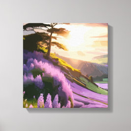 Lila bloemen op Hill op Sunset Glow Canvas Afdruk