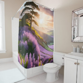 Lila bloemen op Hill op Sunset Glow Douchegordijn