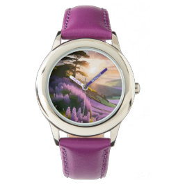 Lila bloemen op Hill op Sunset Glow Horloge