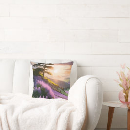 Lila bloemen op Hill op Sunset Glow Kussen