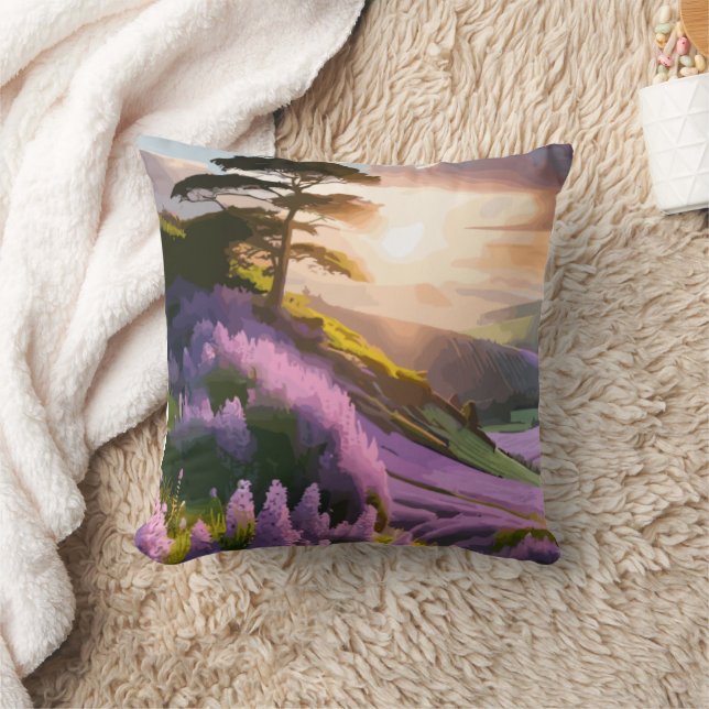 Lila bloemen op Hill op Sunset Glow Kussen (Deken)