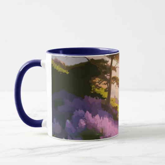 Lila bloemen op Hill op Sunset Glow Mok (Links)