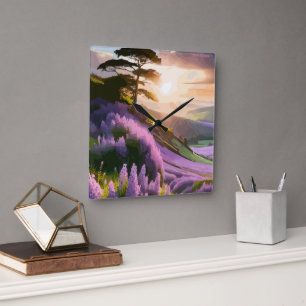 Lila bloemen op Hill op Sunset Glow Vierkante Klok