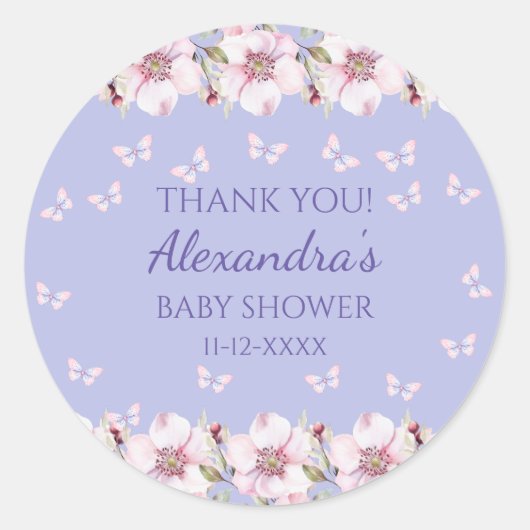Lila Bloemen Roze Vlinder Baby shower Dank u Ronde Sticker (Voorkant)