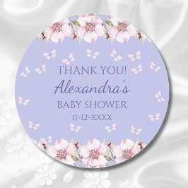 Lila Bloemen Roze Vlinder Baby shower Dank u Ronde Sticker