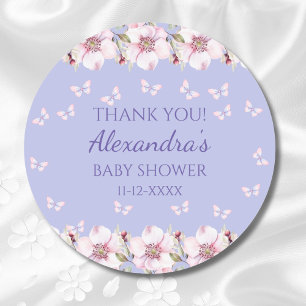 Lila Bloemen Roze Vlinder Baby shower Dank u Ronde Sticker