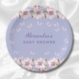 Lila Bloemen Roze Vlinder Baby shower Papieren Bordje